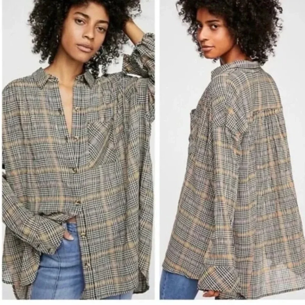 Free People Oversized Break My Stride Plaid Button-Down Shirt - Picture 2 of 7